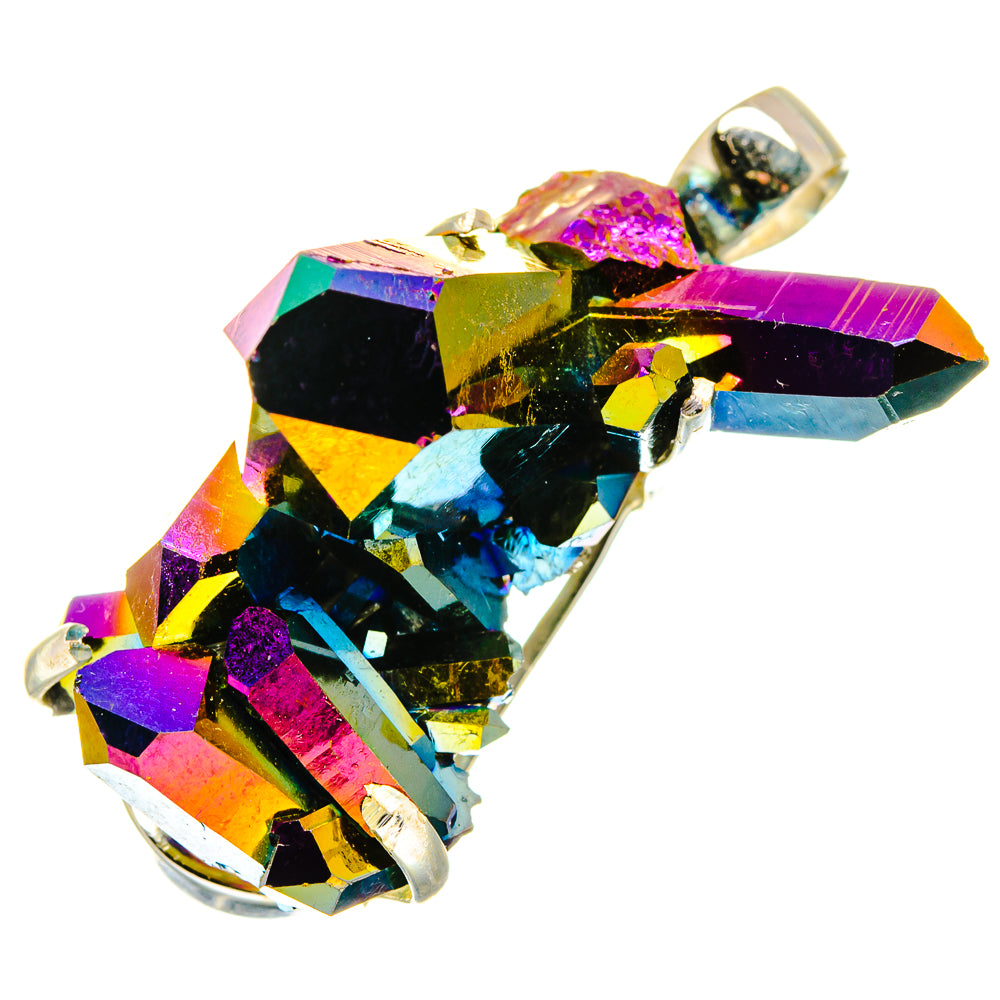Large 925 silver pendant with rainbow iridescent druzy cluster and top bail loop.