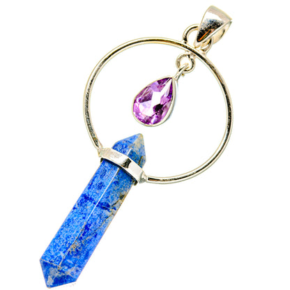 Silver loop pendant with blue lapis point and purple amethyst drop, with top bail