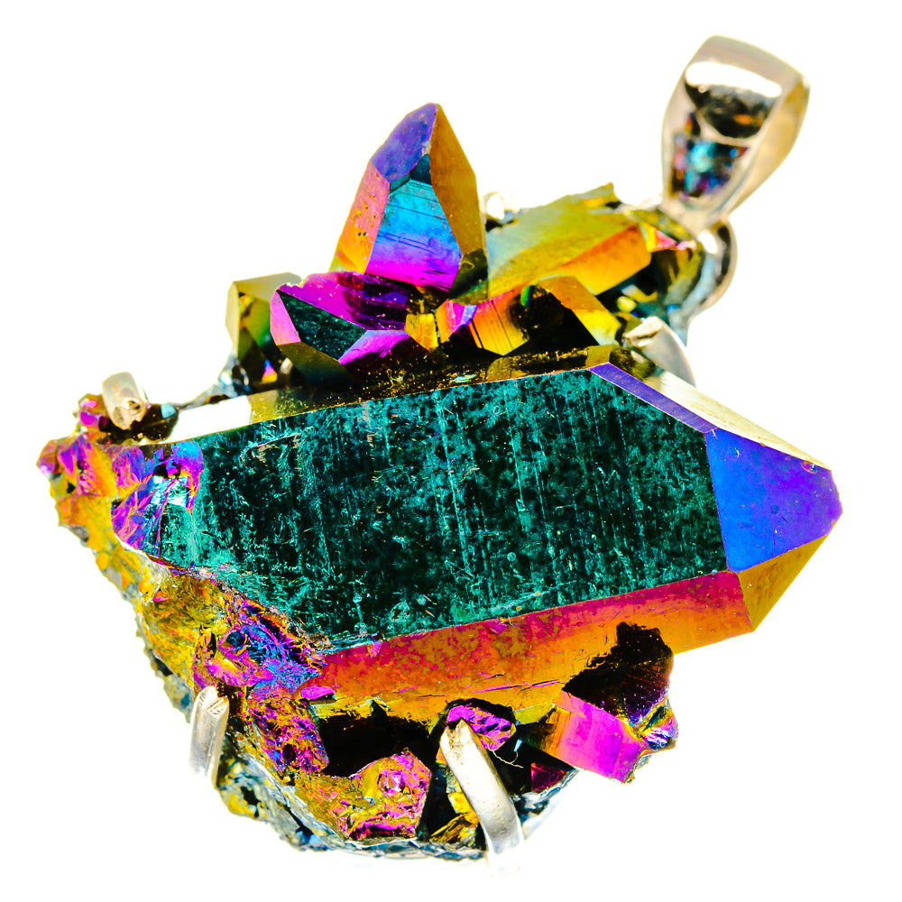 Rainbow titanium druzy pendant centerpiece in green, faceted silver-tone bail