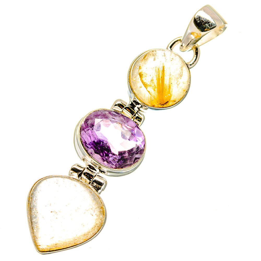 Three-stone pendant with rutilated quartz top and heart, purple amethyst center, silver