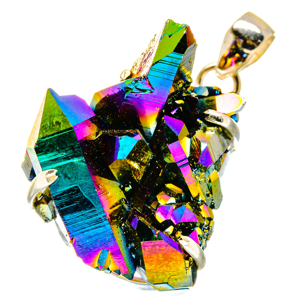 Iridescent druzy pendant cluster with rainbow shimmer and 925 sterling silver loops