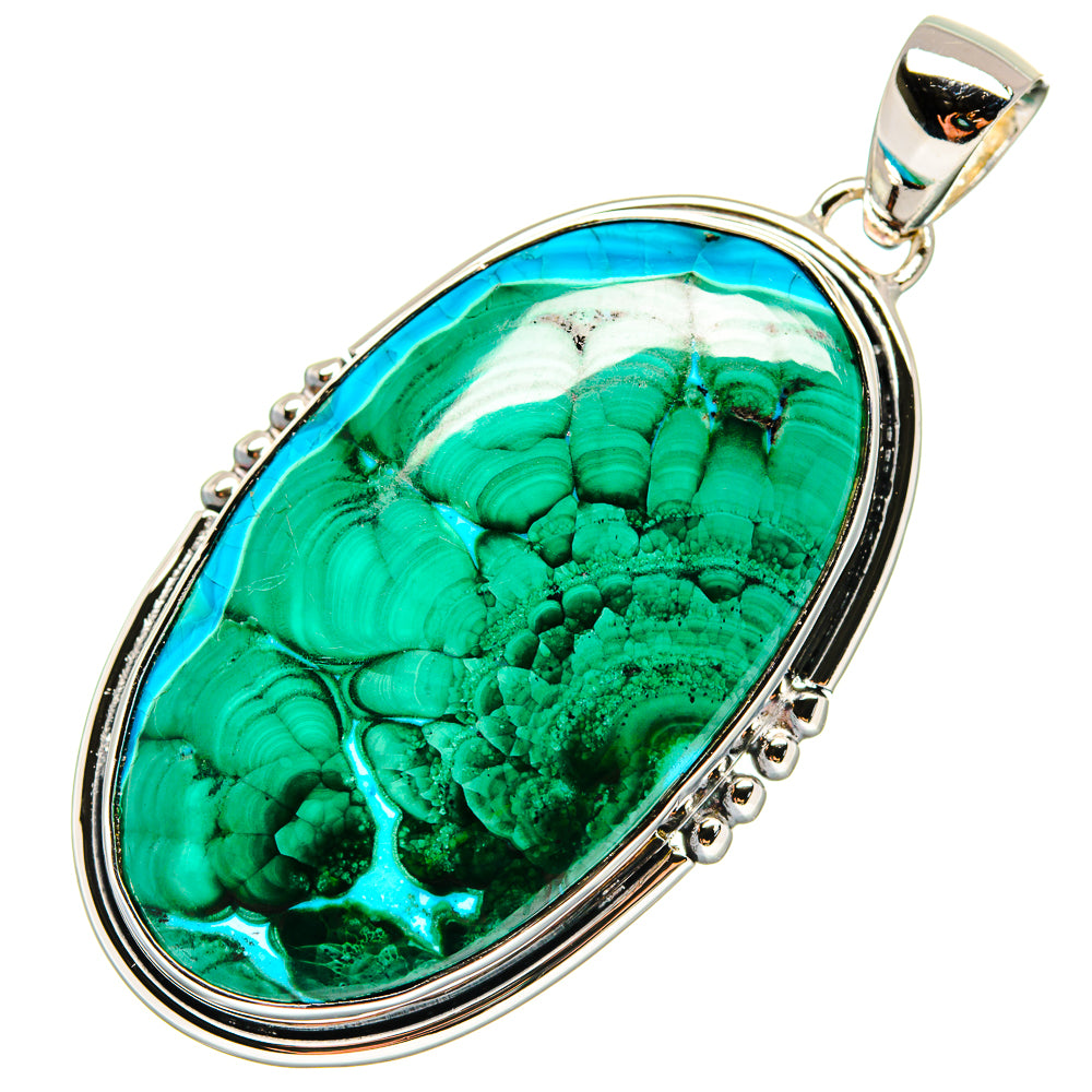 Oval 925 sterling silver pendant with green cabochon stone and beaded bezel