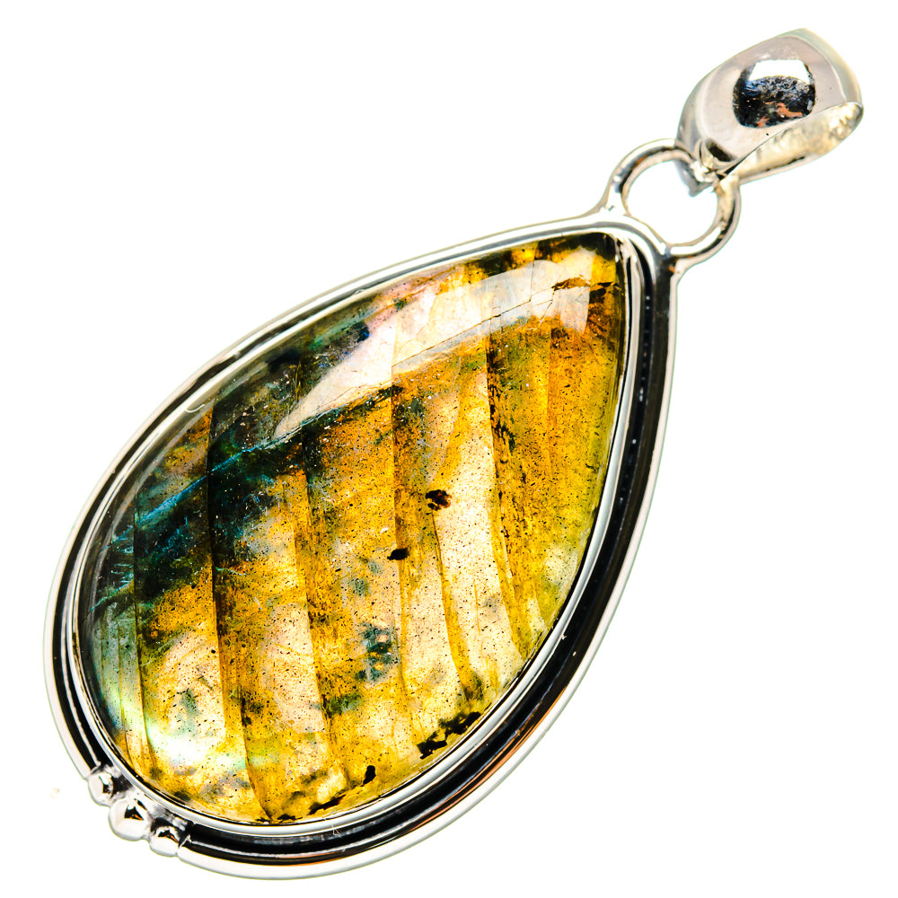 925 sterling silver teardrop labradorite pendant, golden-yellow iridescent stone in bezel