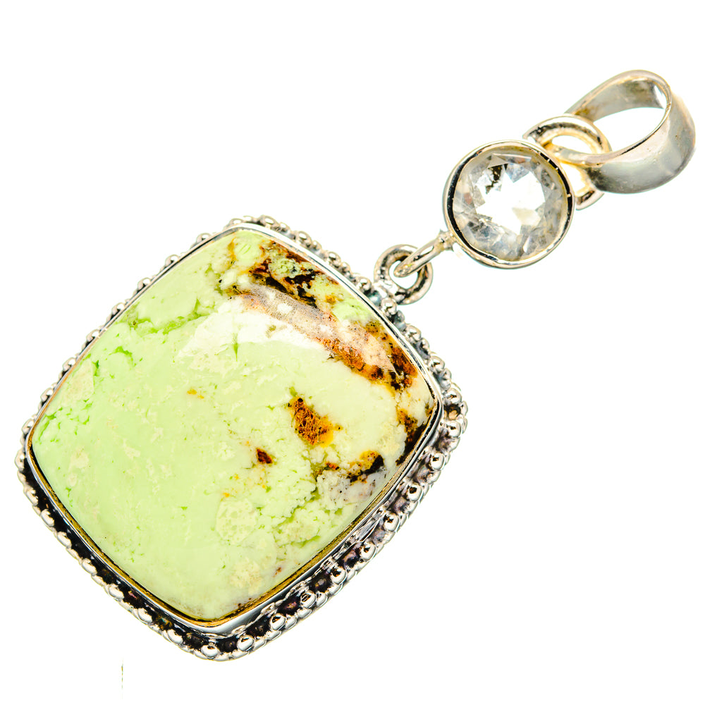 Sterling silver pendant with lemon-green rectangular gemstone, round clear stone, and bail loop