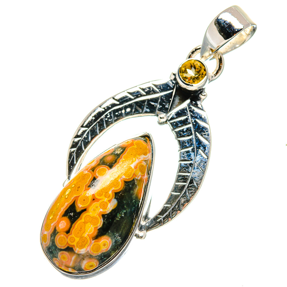 925 sterling silver oval ocean jasper pendant with citrine round top and leaf frame