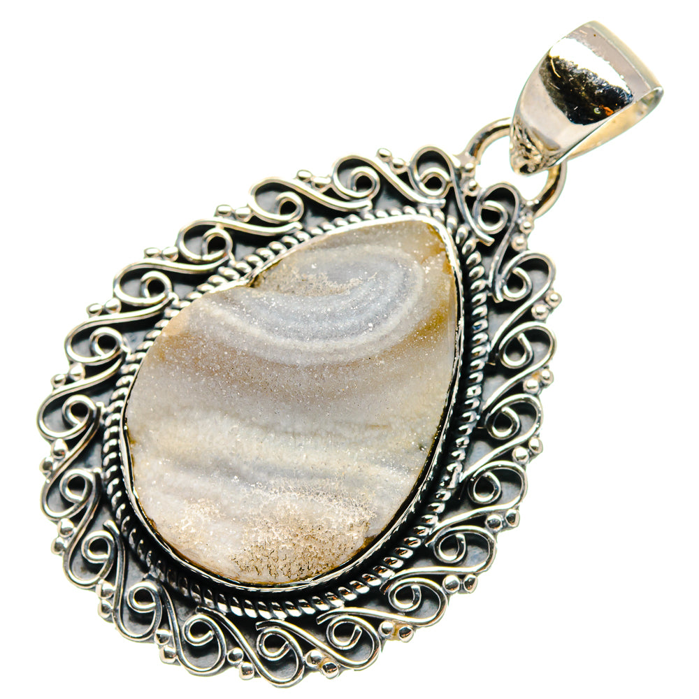 Teardrop druzy pendant in 925 sterling silver with ornate filigree frame and bail