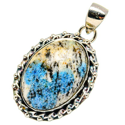 925 silver K2 Blue Azurite oval pendant with chain-style silver bezel