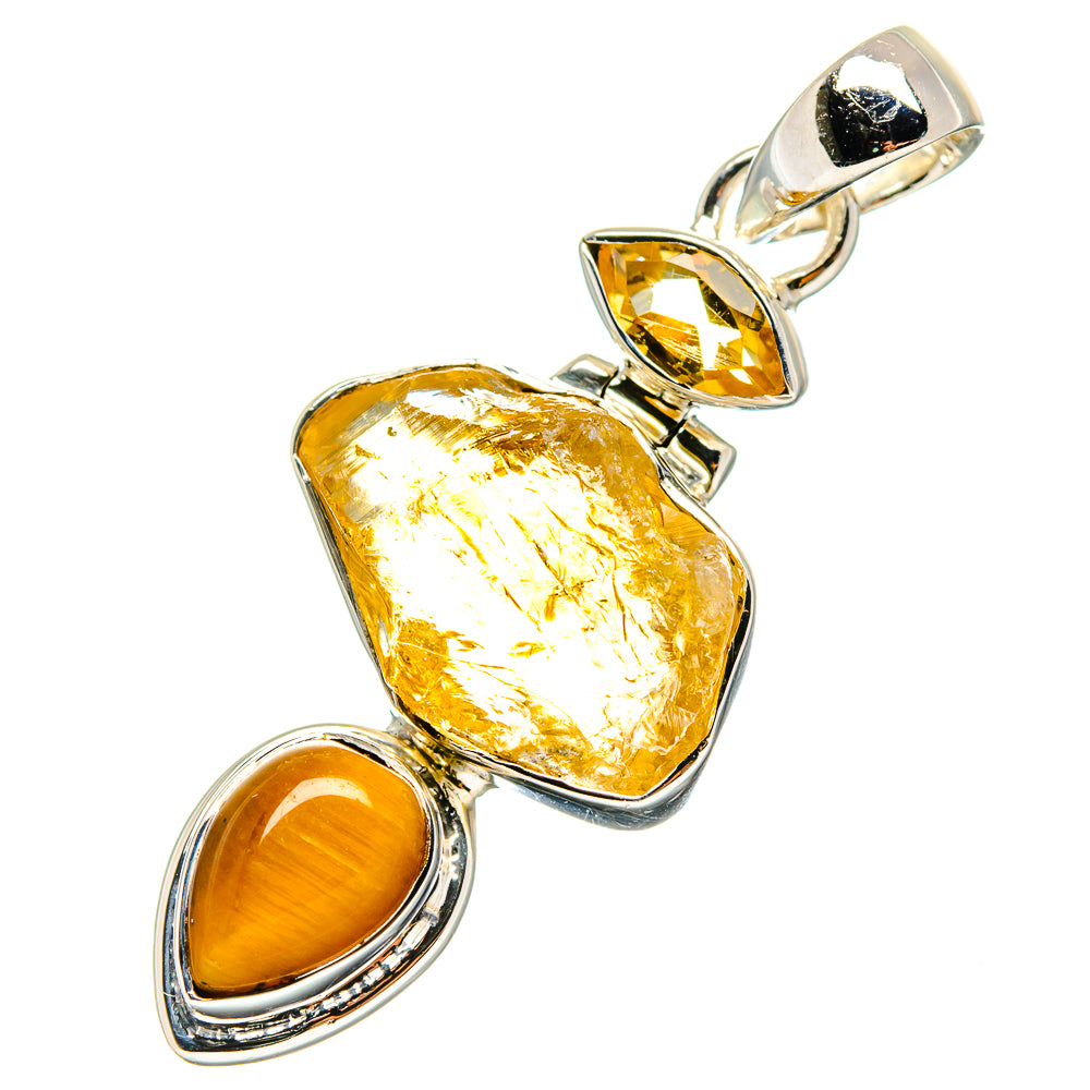 Sterling silver pendant with amber square and two oval tiger-eye stones, plus small dark stone