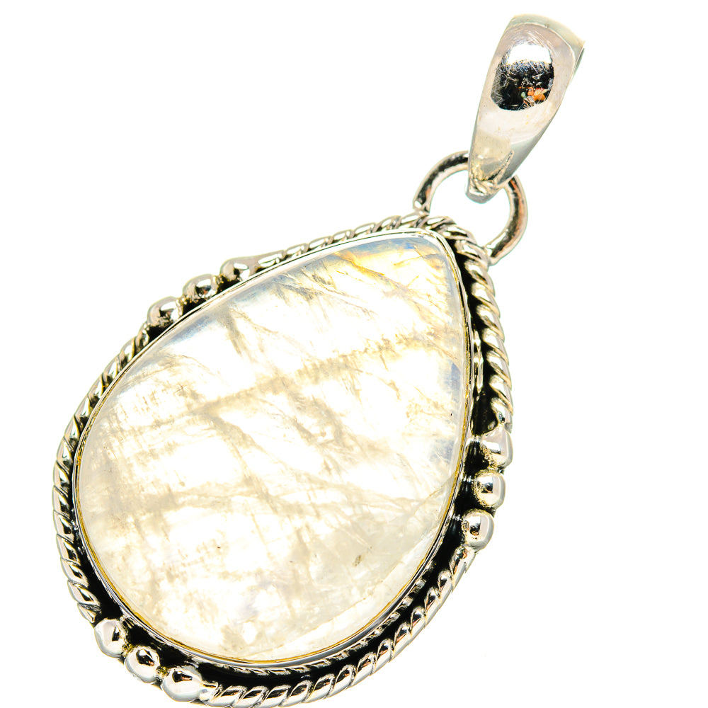 Teardrop moonstone pendant in silver bezel with bail, iridescent white stone