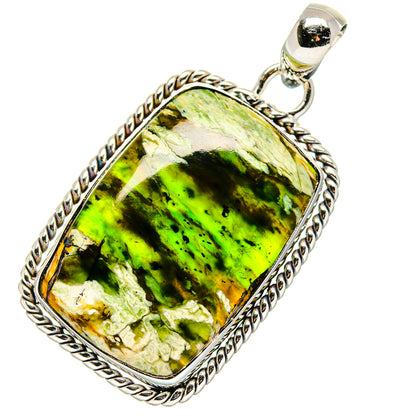 Green opal pendant with silver rope border and bail, rectangular mottled stone
