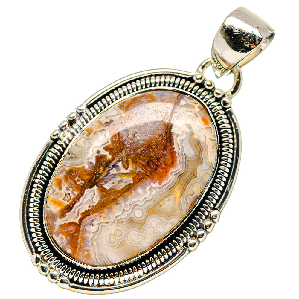 Oval lace agate pendant with ornate 925 sterling silver frame and top bail
