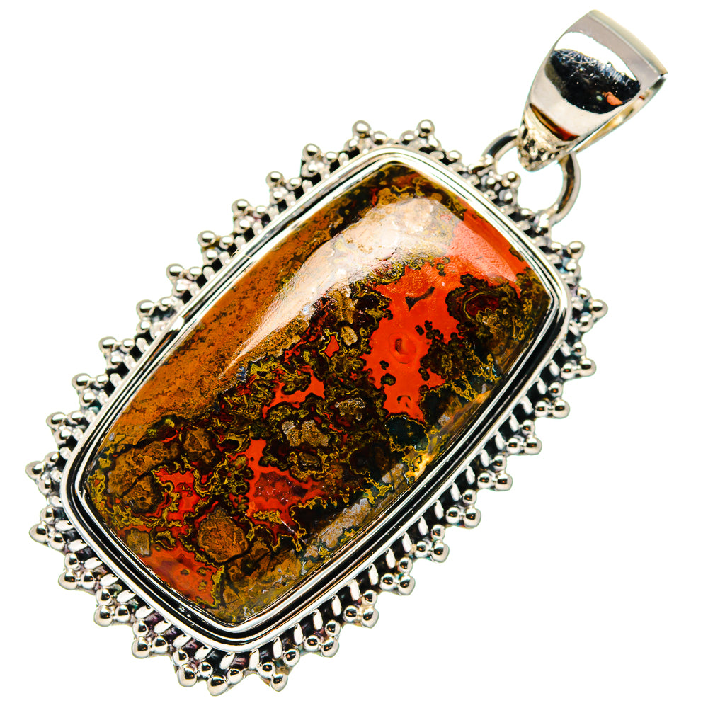 Rectangular gemstone pendant with red, orange, and green mottled pattern in silver bezel