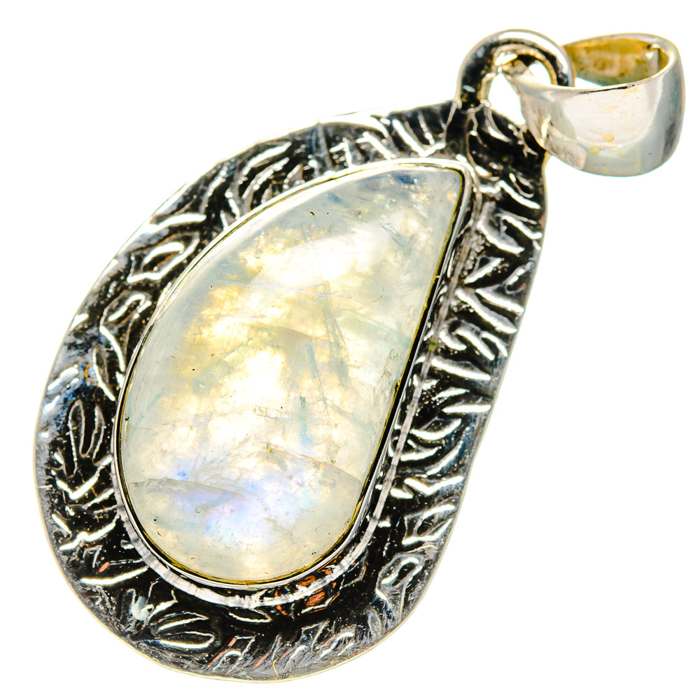 Sterling silver teardrop pendant with glowing moonstone center, engraved decorative edge and bail