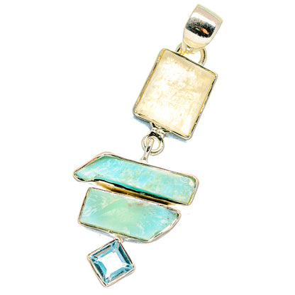 Sterling silver gemstone pendant with light blue and turquoise stones and a blue topaz drop