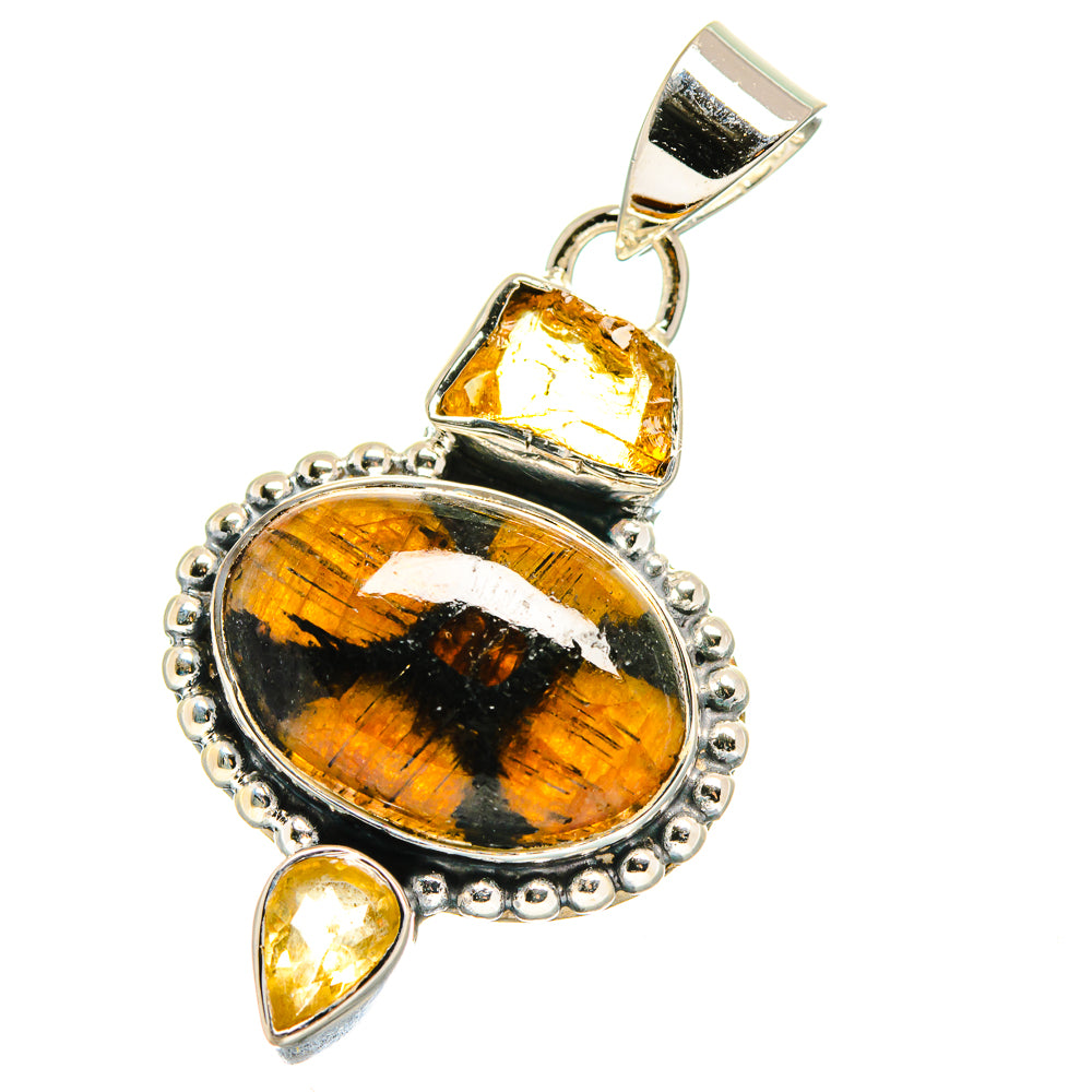 Oval chiastolite cabochon pendant with 925 sterling silver frame and teardrop citrine