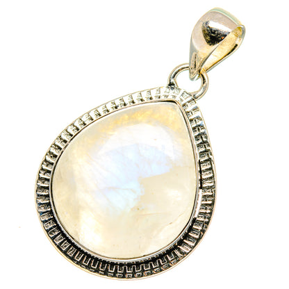 925 sterling silver moonstone teardrop pendant with textured border and rainbow luster