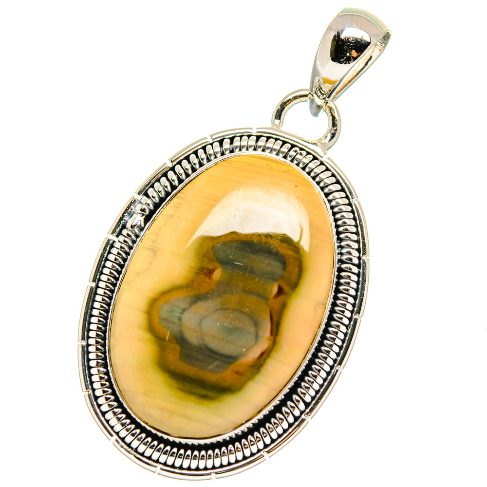 Oval jasper pendant in polished sterling silver with beaded border and top bail