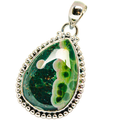 925 sterling silver teardrop pendant with green ocean jasper cabochon