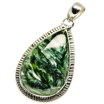Teardrop green seraphinite pendant with ornate 925 sterling silver frame and bail.
