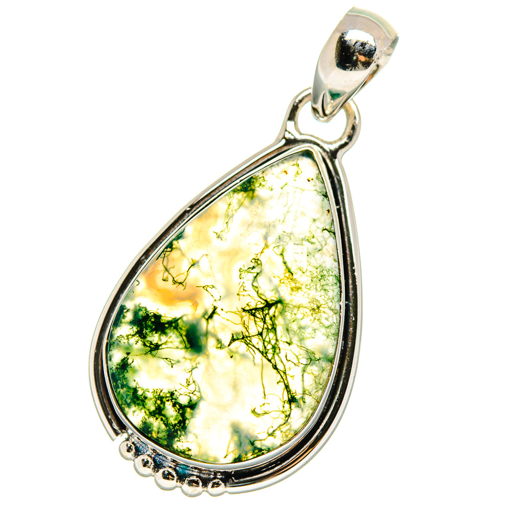 Teardrop moss agate pendant in sterling silver with green-yellow marbled veining