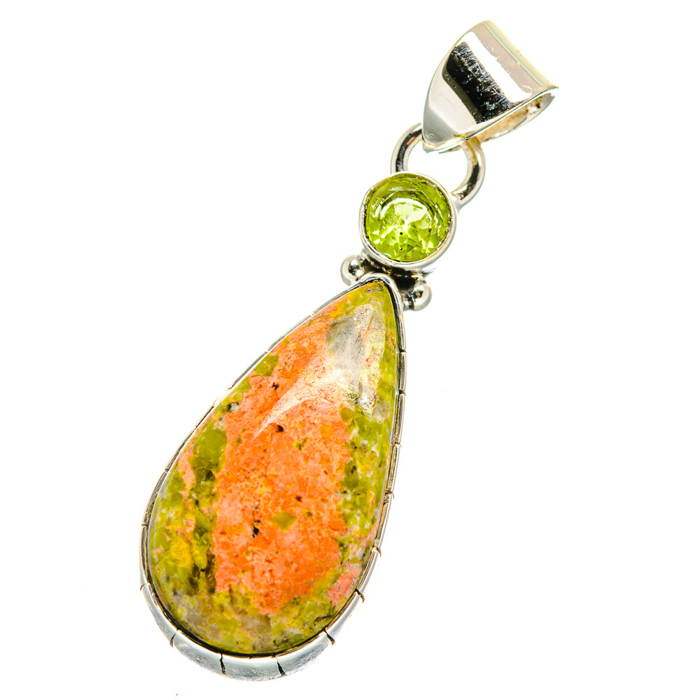 Sterling silver pendant with teardrop unakite and round peridot gemstone accents