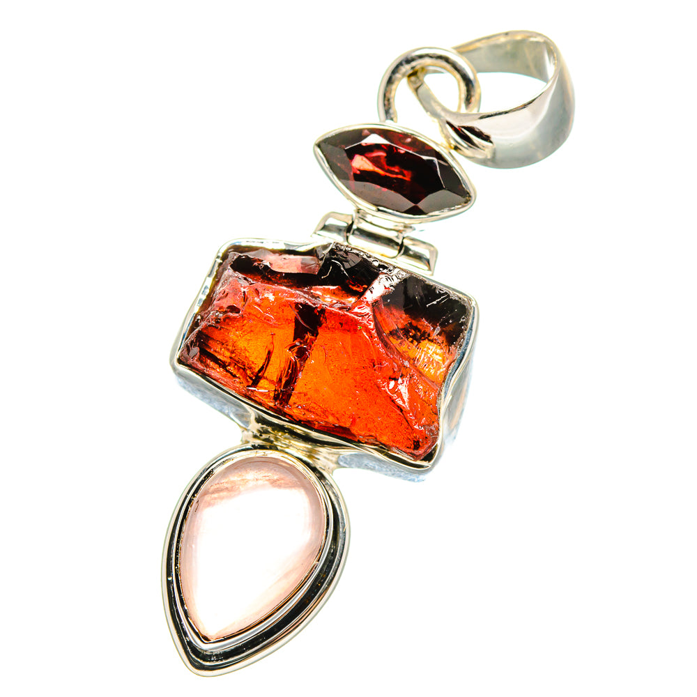 Sterling silver pendant with rough dark red and orange gemstone and pink rose quartz