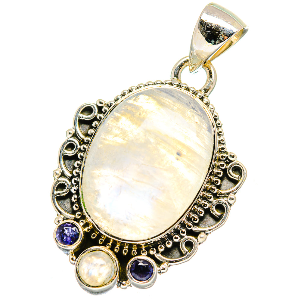 Oval opalescent moonstone pendant with silver setting, blue gemstones, and bail loop