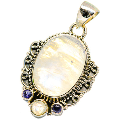 Oval opalescent moonstone pendant with silver setting, blue gemstones, and bail loop