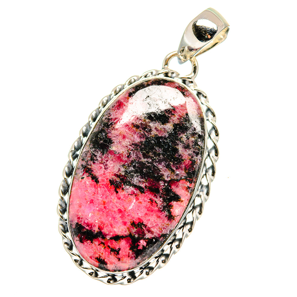Rhodonite pendant in oval bezel setting with ornate sterling silver bail and frame