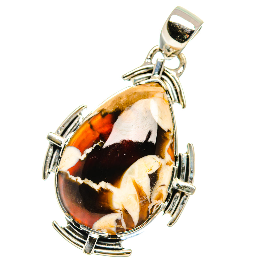 Amber-and-black jasper teardrop pendant with silver bezel and hanging loop