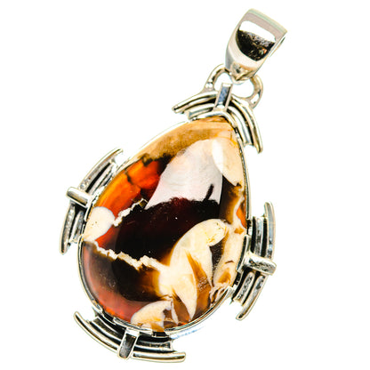 Amber-and-black jasper teardrop pendant with silver bezel and hanging loop