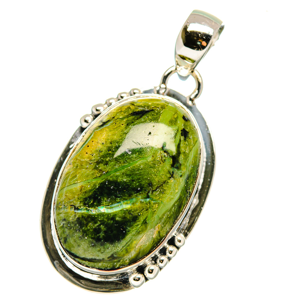 925 sterling silver rainforest jasper oval pendant with bail and beaded bezel, side view.