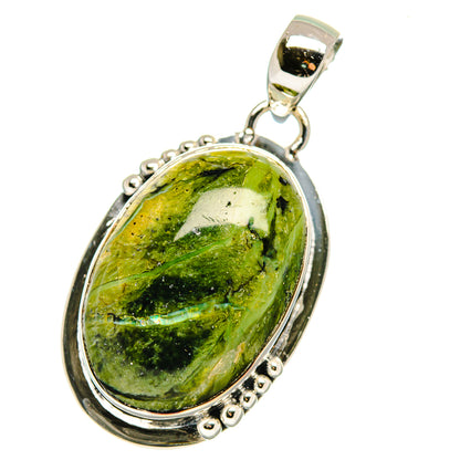925 sterling silver rainforest jasper oval pendant with bail and beaded bezel, side view.