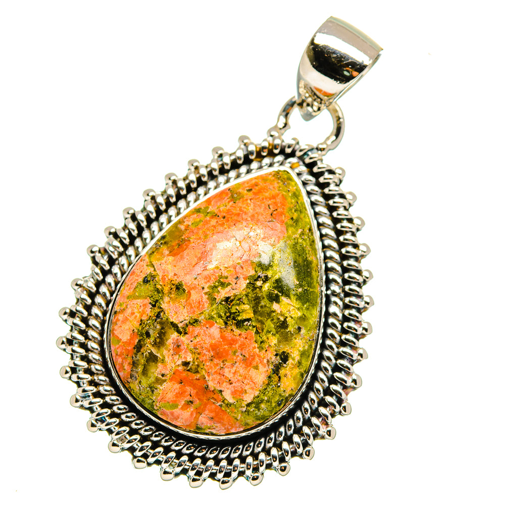 Unakite teardrop pendant with ornate 925 sterling silver frame and top loop