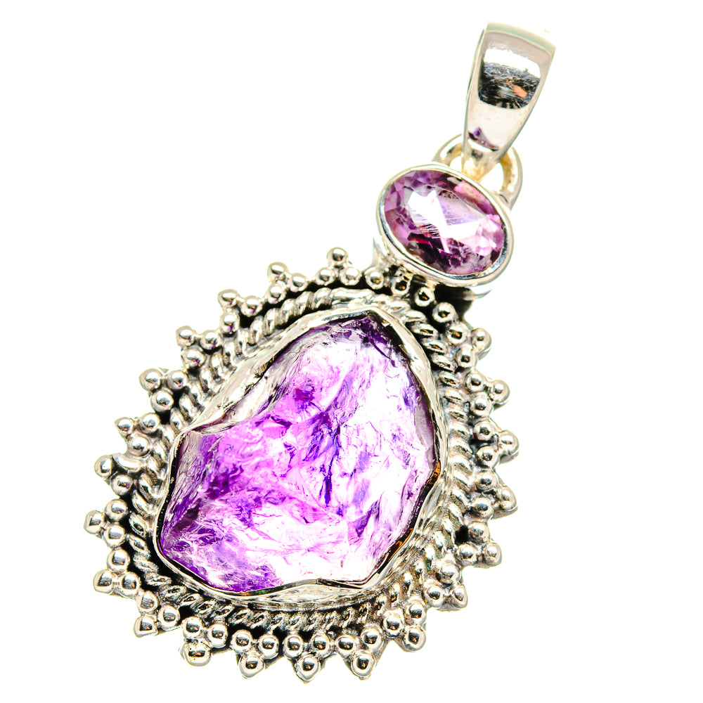 Rough amethyst pendant in 925 sterling silver, oval faceted purple stone with halo frame.