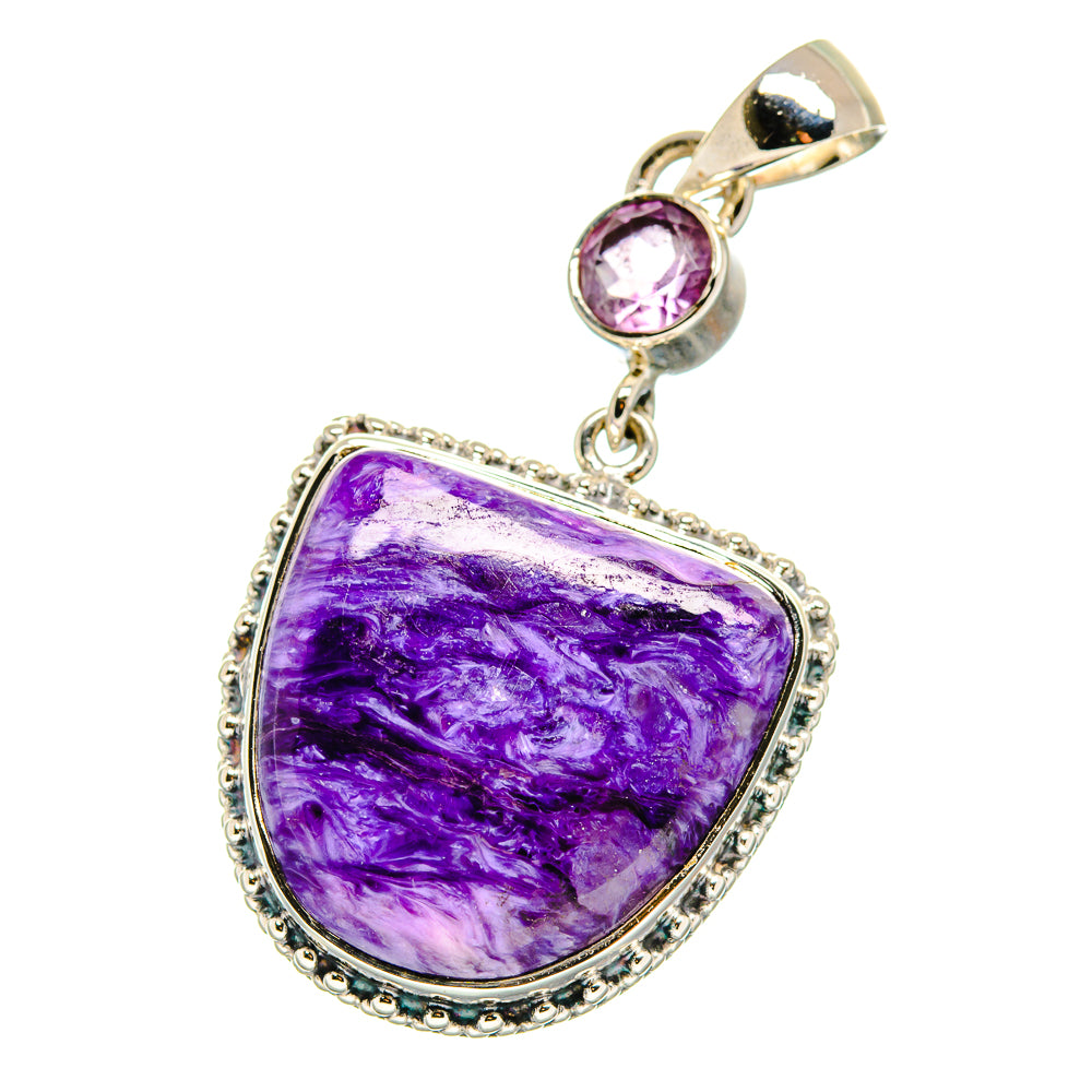 Sterling silver gemstone pendant with large purple teardrop stone and small top cabochon