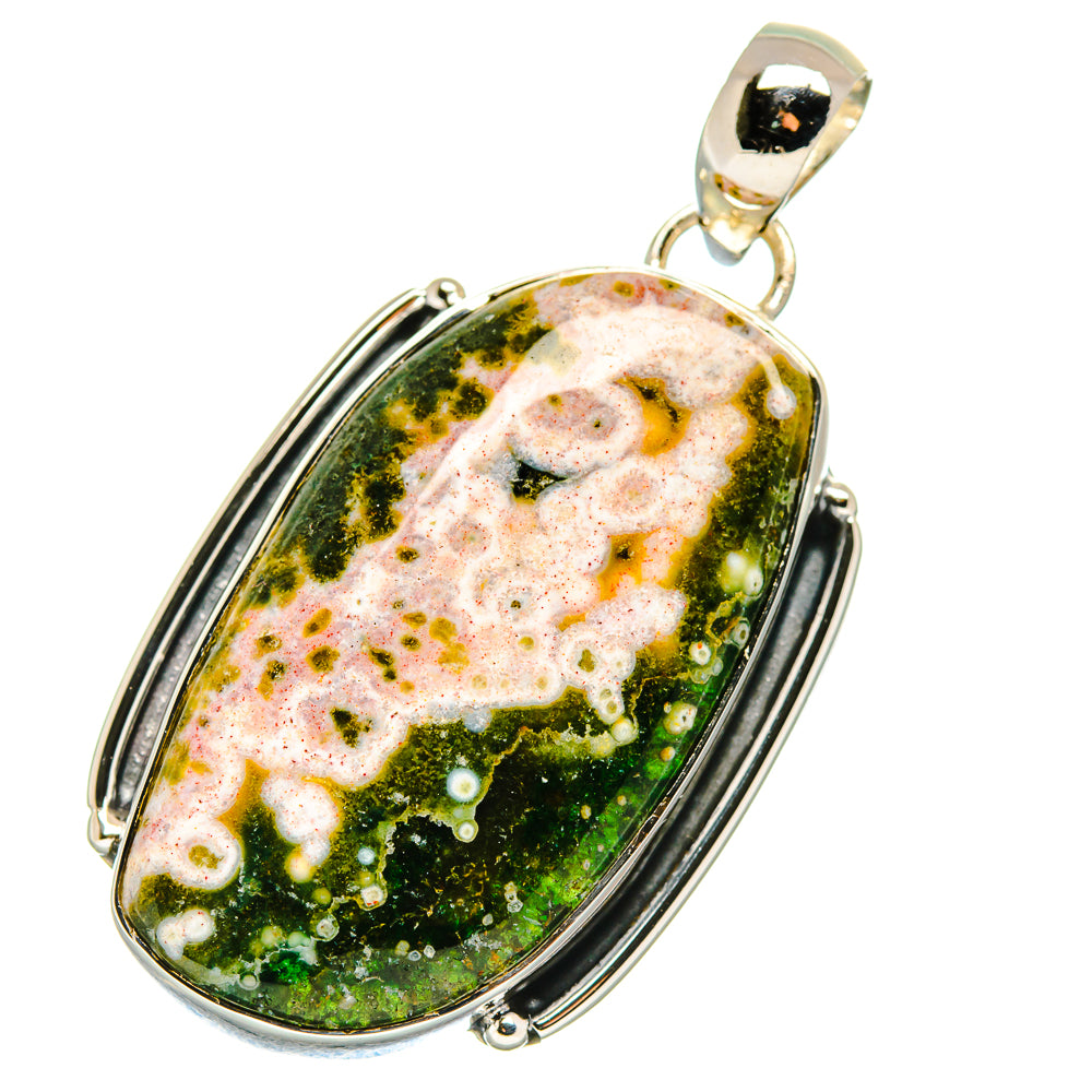 Oval ocean jasper pendant on sterling silver bail, yellow flecks on green-black stone