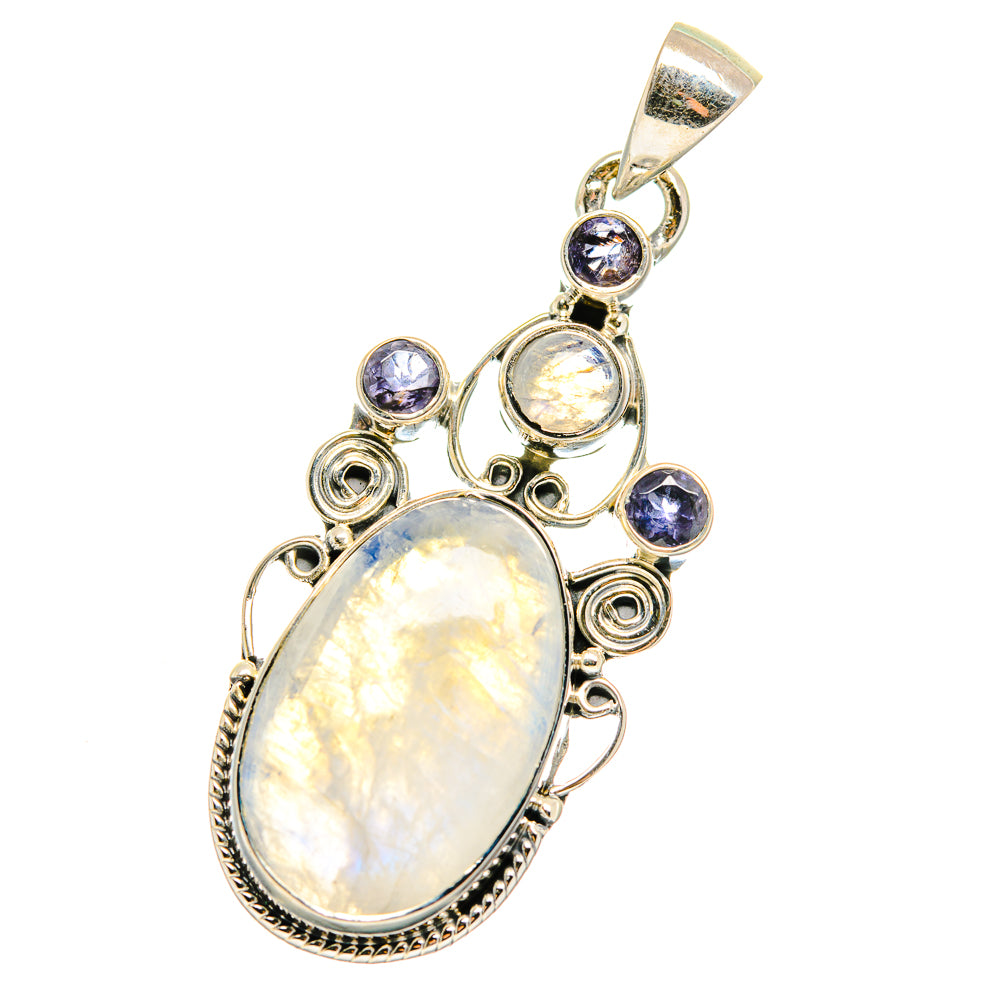 Sterling silver moonstone and dark blue gemstone pendant, oval cabochon with scroll settings