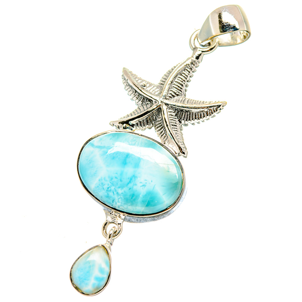 Sterling silver starfish pendant with large oval larimar stone and drop detail