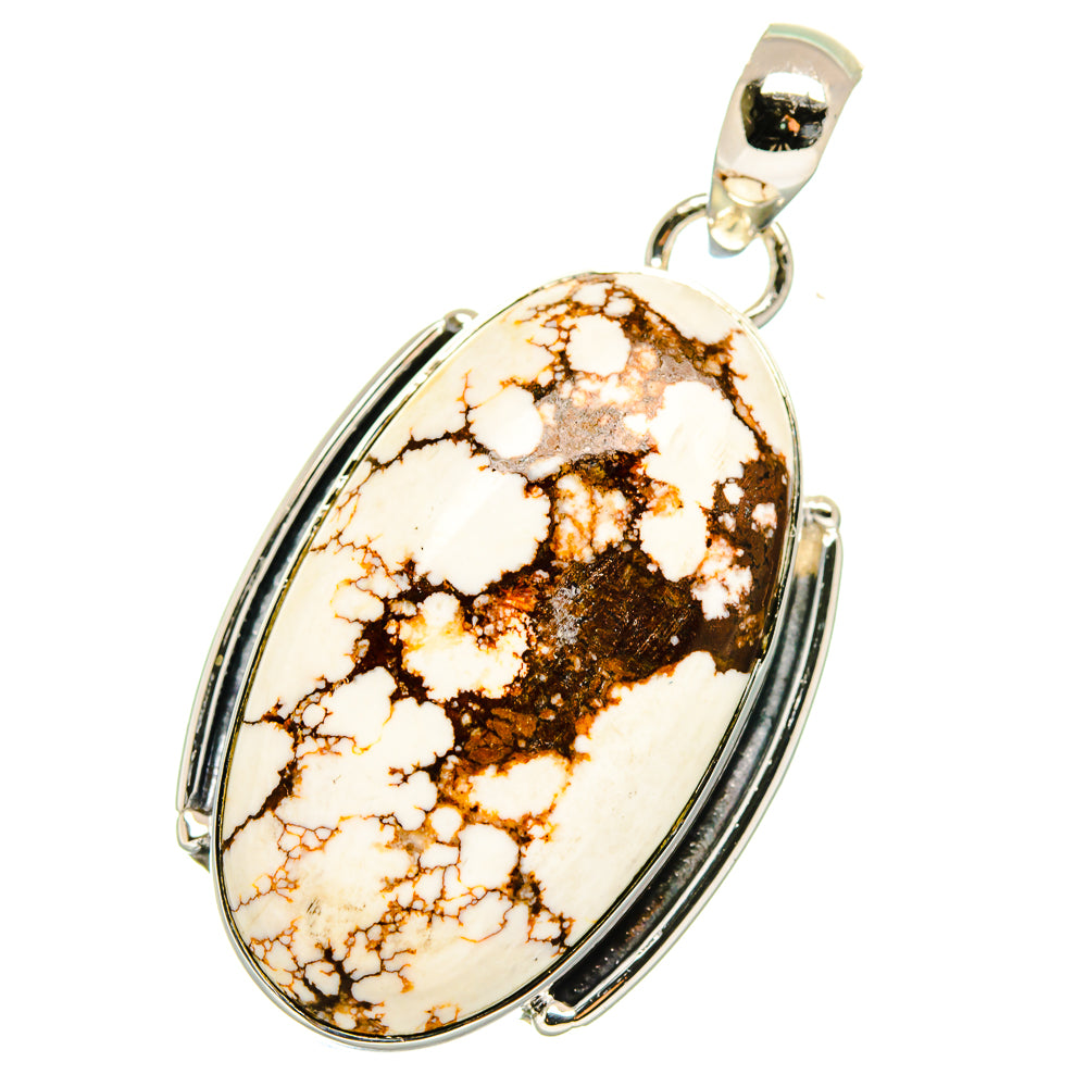 Oval wild horse jasper pendant in 925 sterling silver bezel, dark brown and white stone