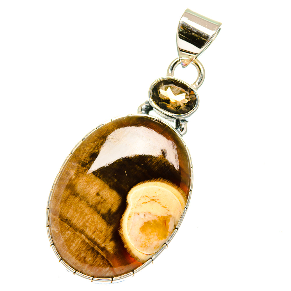 Oval tiger-eye style stone pendant in sterling silver, with smoky quartz accent