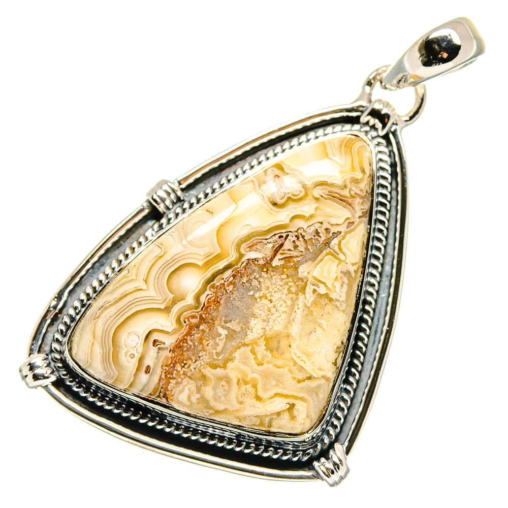 Triangular sterling silver agate pendant with outlined bezel and yellow-brown banded stone.