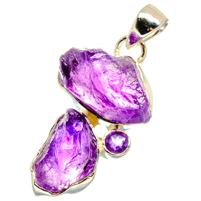 Sterling silver rough amethyst pendant with 2 rough stones and 1 round bezel stone