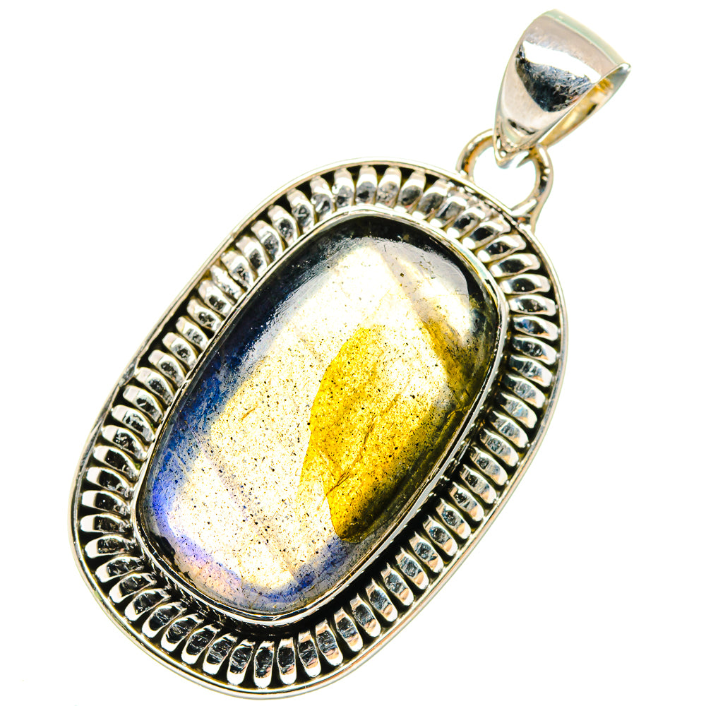 Oval labradorite pendant in 925 sterling silver, gold-yellow flash, teardrop bail