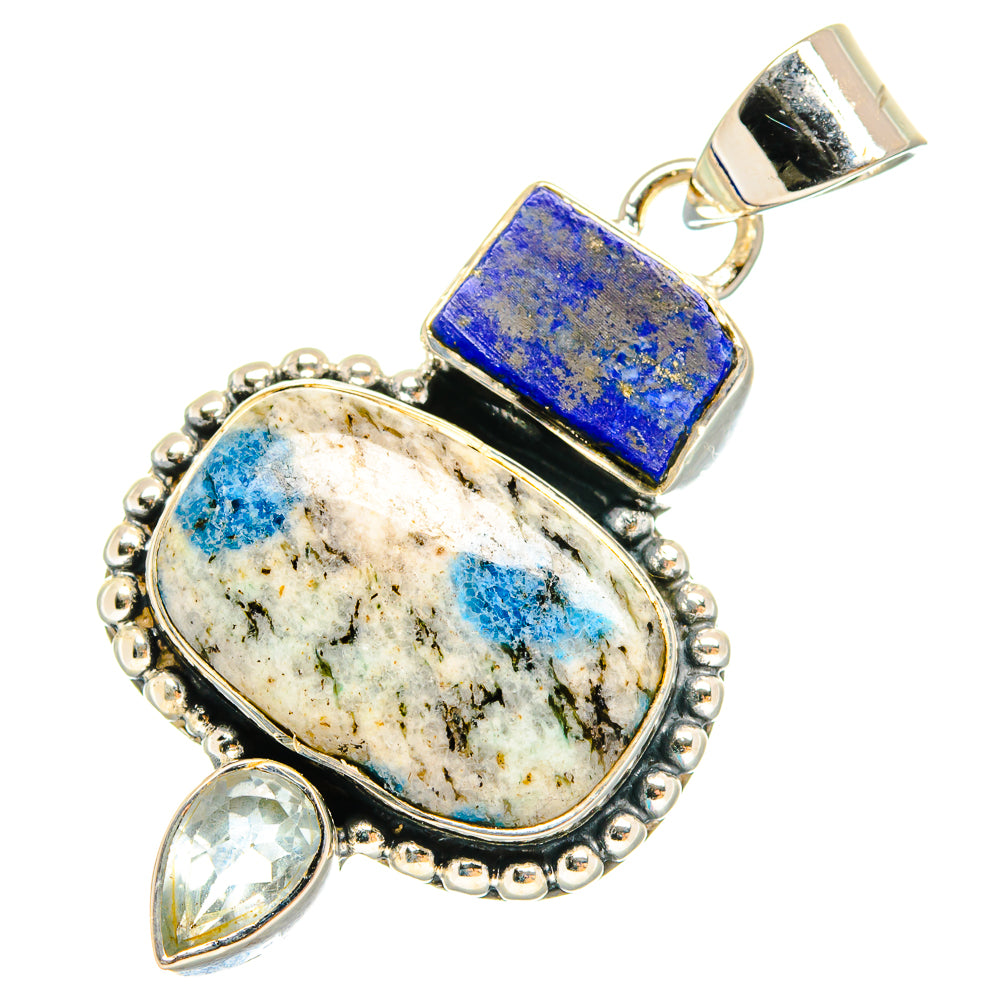 Sterling silver pendant bail with oval white quartz, blue lapis rectangle, and pear-shaped drops