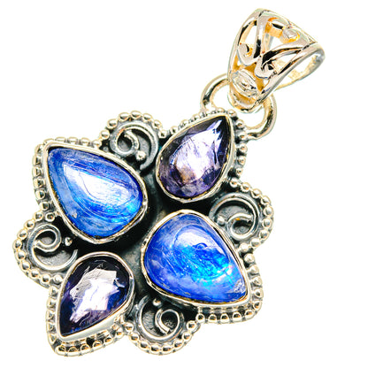 Sterling silver pendant with three blue stones, two purple stones, detailed filigree setting
