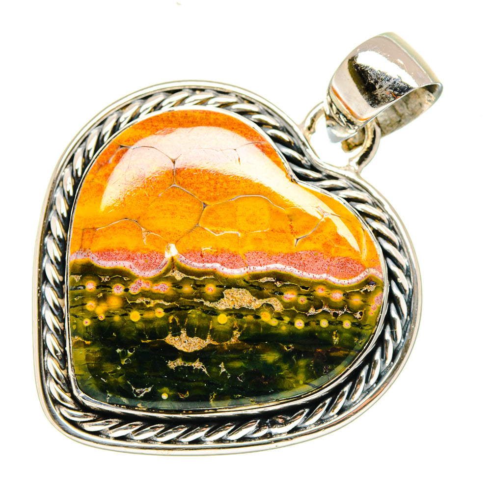 Heart-shaped jasper pendant with silver bail, orange-white top over green dotted band