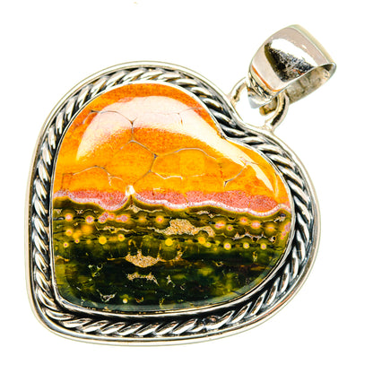 Heart-shaped jasper pendant with silver bail, orange-white top over green dotted band