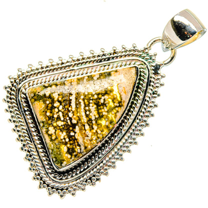 Ocean jasper pendant in 925 sterling silver, teardrop cabochon with yellow speckles