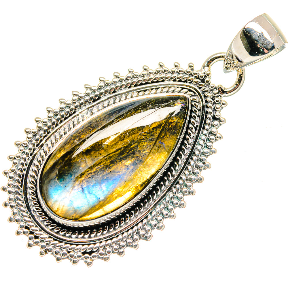 Oval labradorite pendant in ornate 925 sterling silver setting, blue-gold flash stone